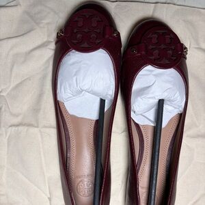 Tory Burch Burgundy Leather Logo Ballet Flats
